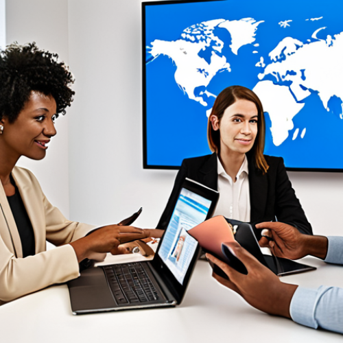 Home 4 **Global Financial Professional:** An image showcasing a diverse group of financial professionals in a modern office setting, interacting with clients on laptops and tablets. The background should include a world map, symbolizing global reach and expertise. The scene should evoke trust, professionalism, and a forward-thinking approach to financial planning.