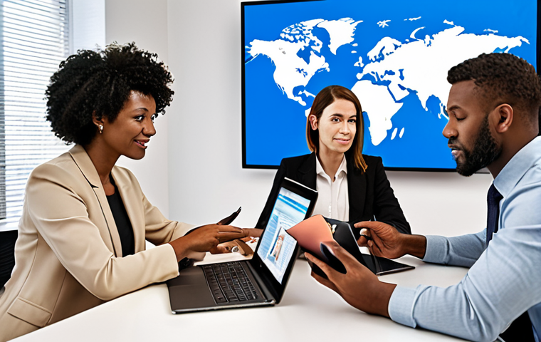 **Global Financial Professional:** An image showcasing a diverse group of financial professionals in a modern office setting, interacting with clients on laptops and tablets. The background should include a world map, symbolizing global reach and expertise. The scene should evoke trust, professionalism, and a forward-thinking approach to financial planning.