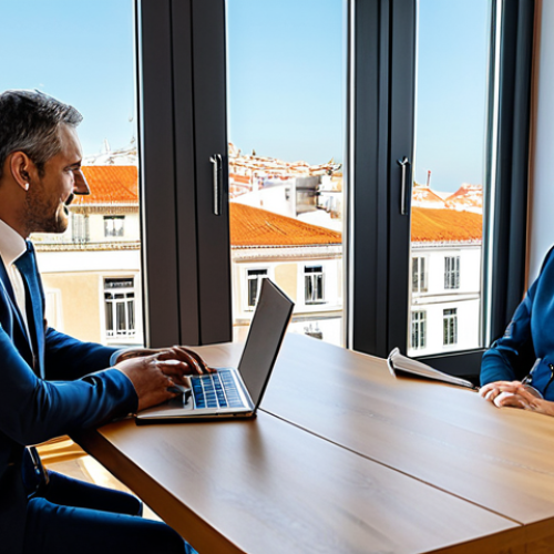 A professional financial planner, fully clothed in a modest business suit, seated at a sleek wooden desk, engaged in an empathetic conversation with a diverse, professional couple. A modern, sunlit office in Lisbon, Portugal, with a subtle view of historic rooftops through a large window. A closed laptop and a neatly organized folder are visible on the desk, indicating integrated tools without being the main focus. The atmosphere is one of trust and clear understanding. Perfect anatomy, correct proportions, natural pose, well-formed hands, proper finger count. Professional photography, high detail, appropriate content, safe for work, professional.