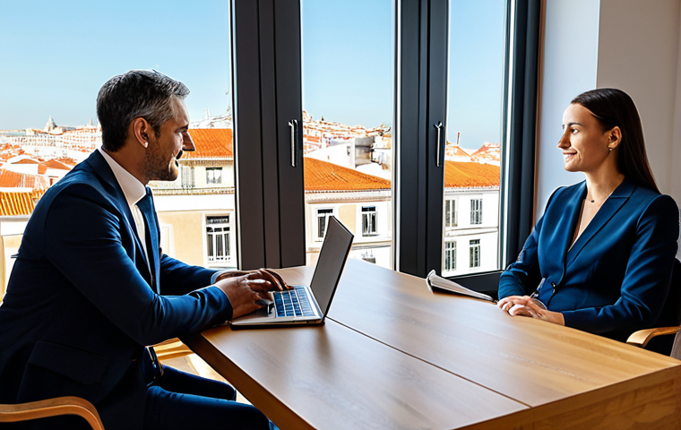 A professional financial planner, fully clothed in a modest business suit, seated at a sleek wooden desk, engaged in an empathetic conversation with a diverse, professional couple. A modern, sunlit office in Lisbon, Portugal, with a subtle view of historic rooftops through a large window. A closed laptop and a neatly organized folder are visible on the desk, indicating integrated tools without being the main focus. The atmosphere is one of trust and clear understanding. Perfect anatomy, correct proportions, natural pose, well-formed hands, proper finger count. Professional photography, high detail, appropriate content, safe for work, professional.