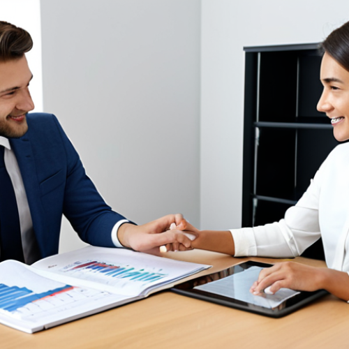 Financial Planner Meeting with a Young Couple**

A friendly and professional female financial planner in a modern office setting, fully clothed in a modest business dress, is meeting with a young couple, also fully clothed. They are reviewing charts and graphs on a tablet, discussing their financial goals. The scene conveys trust and guidance. Safe for work, appropriate content, family-friendly, perfect anatomy, correct proportions, natural pose, well-formed hands, proper finger count, natural body proportions, professional photography, high quality.

**