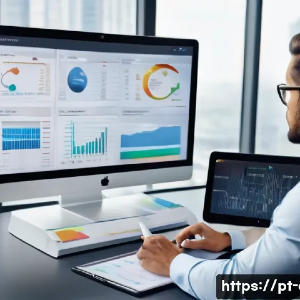 재무설계사의 하루 일과 - A professional financial planner in a modern office setting, sitting at a sleek desk with multiple d...