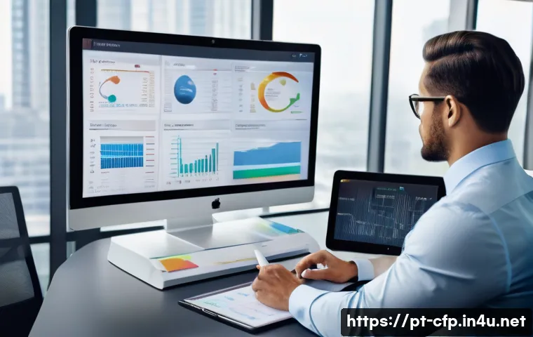 재무설계사의 하루 일과 - A professional financial planner in a modern office setting, sitting at a sleek desk with multiple d...