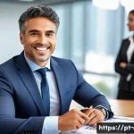 Home 21 CFP 취득 후 직장 내 승진 사례 - A professional Brazilian financial advisor in a modern corporate office, confidently presenting fina...