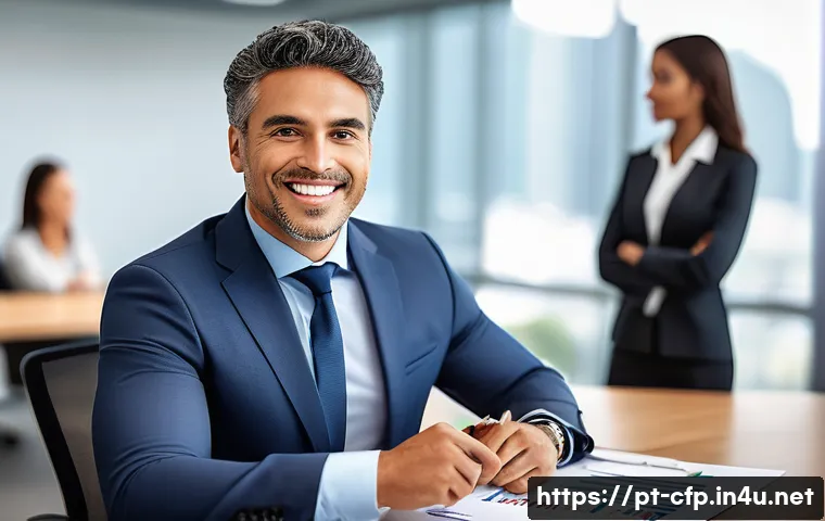 CFP 취득 후 직장 내 승진 사례 - A professional Brazilian financial advisor in a modern corporate office, confidently presenting fina...