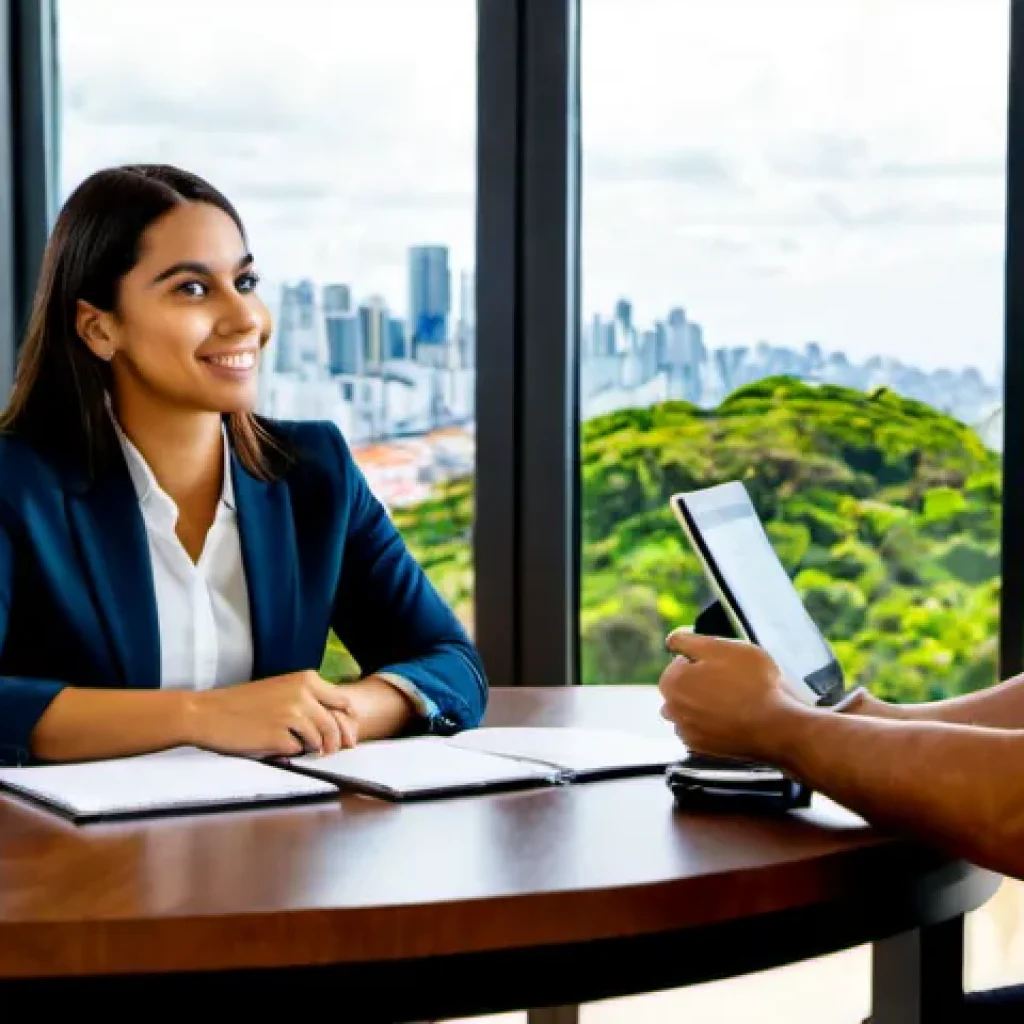 재무설계사의 고객 상담 팁 - Photorealistic financial advisor client consultation in a contemporary São Paulo office, a warm and ...