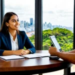 재무설계사의 고객 상담 팁 - Photorealistic financial advisor client consultation in a contemporary São Paulo office, a warm and ...